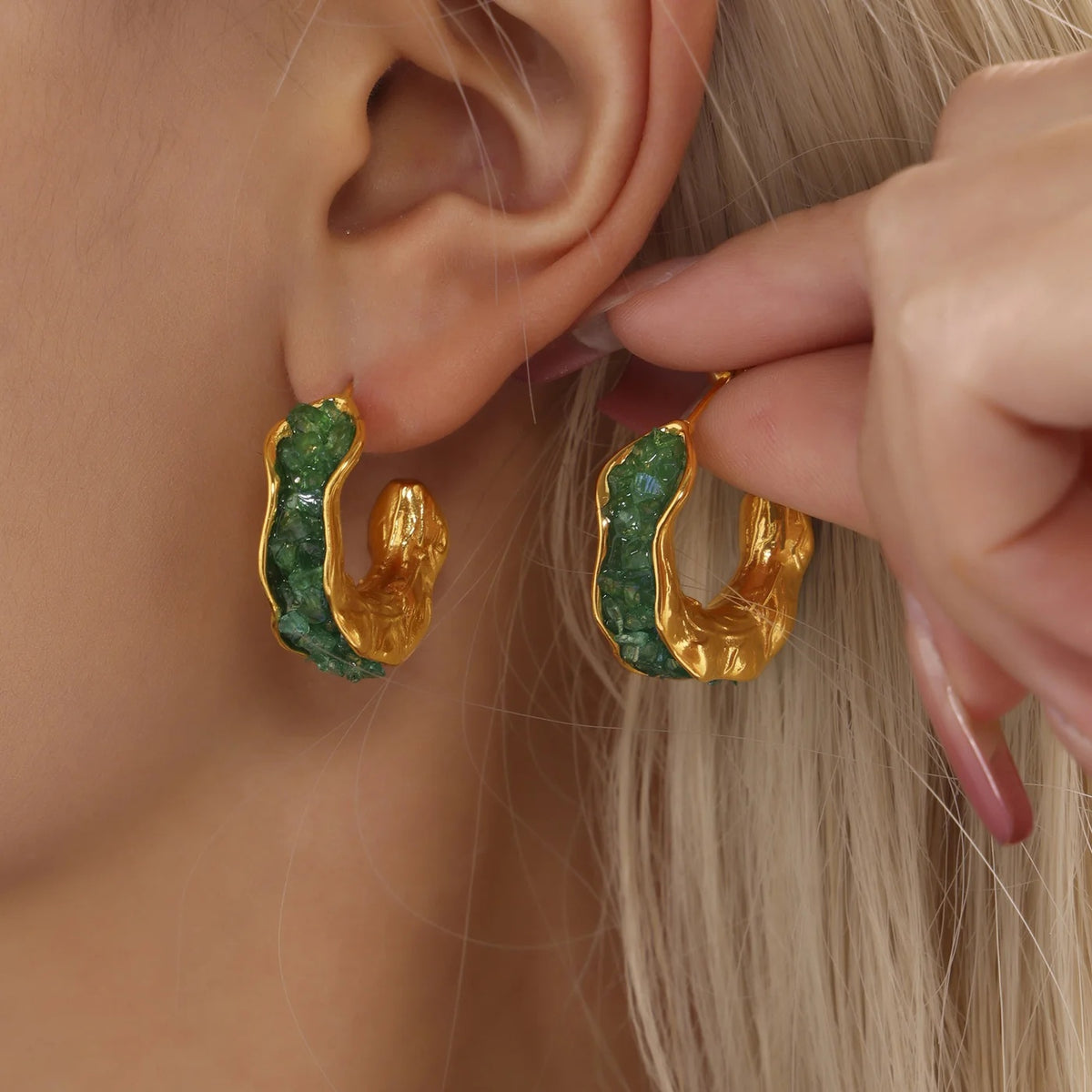Forest Green Geode Hoops worn on the ear