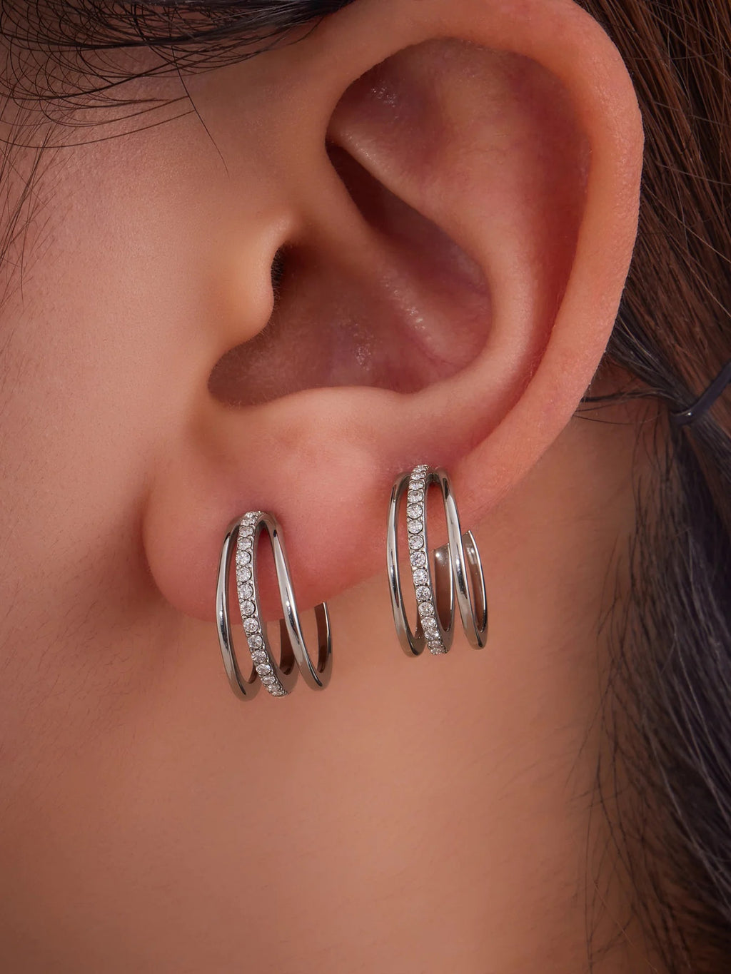 Silver Tier Ear Cuffs on the ear